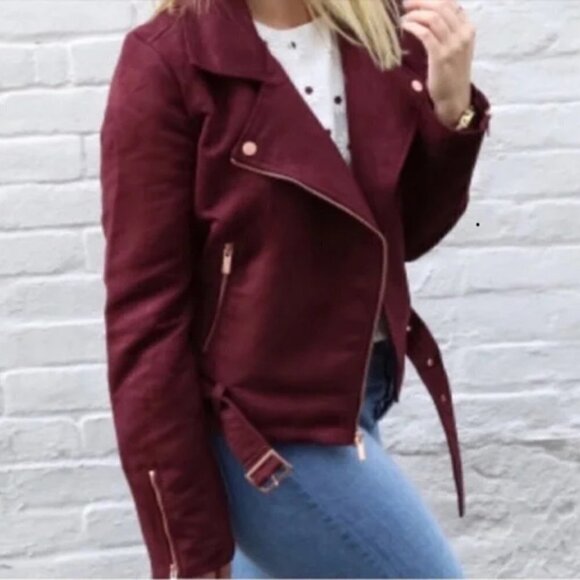 LC Lauren Conrad Runway Collection, Size 6 Burgundy Moto Jacket, Faux Suede - Picture 14 of 14